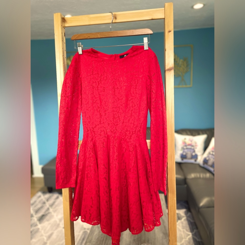 Long Sleeve Red Lace Dress